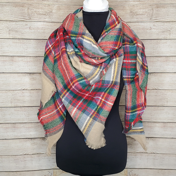 Accessories - Red Tan Plaid Triangle Blanket Scarf Shawl Wrap